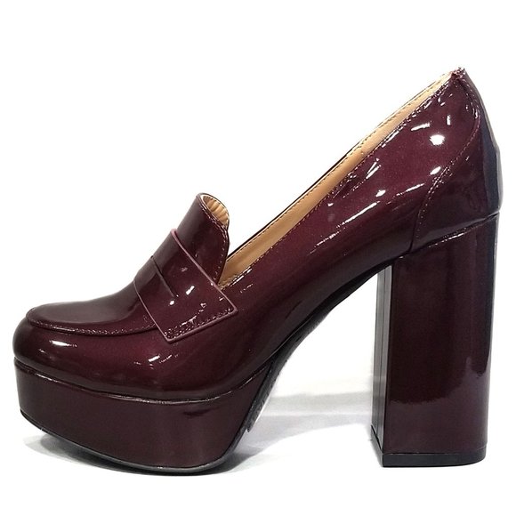 Shoes - New Burgundy Patent Platform Chunky High Heel Penny Loafers Pumps